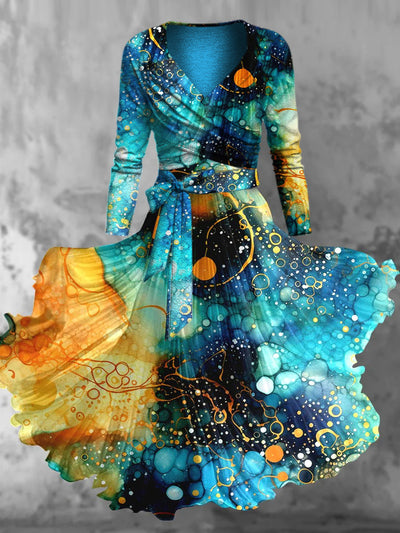 Retro Floral Art Printed Vintage Unique Slim Fit Cross Wrap Long Sleeve Two-Piece Midi Dress