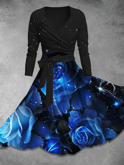 Retro Floral Art Printed Vintage Unique Slim Fit Cross Wrap Long Sleeve Two-Piece Midi Dress