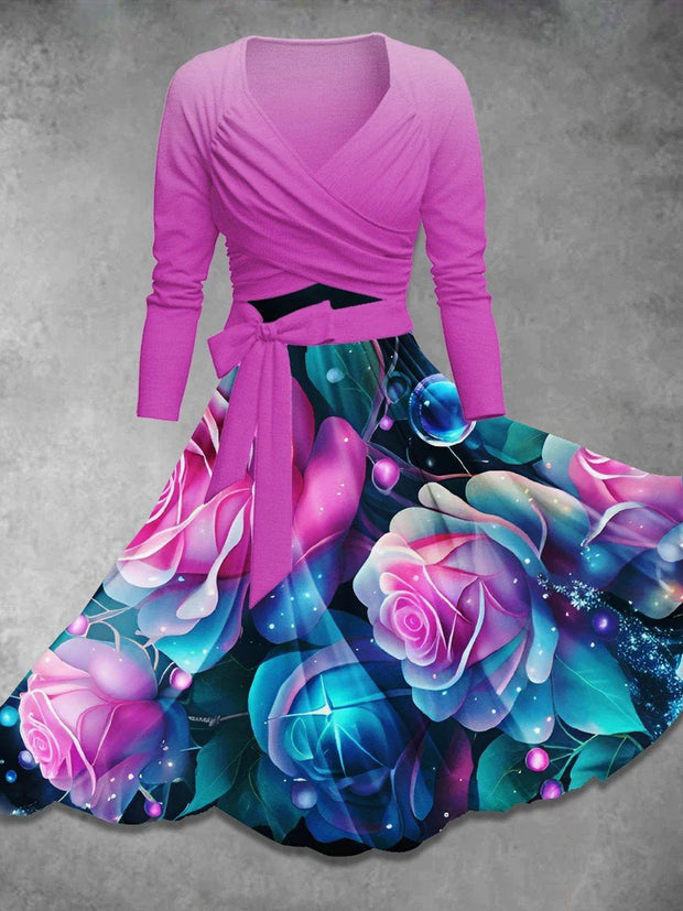 Retro Floral Art Printed Vintage Unique Slim Fit Cross Wrap Long Sleeve Two-Piece Midi Dress
