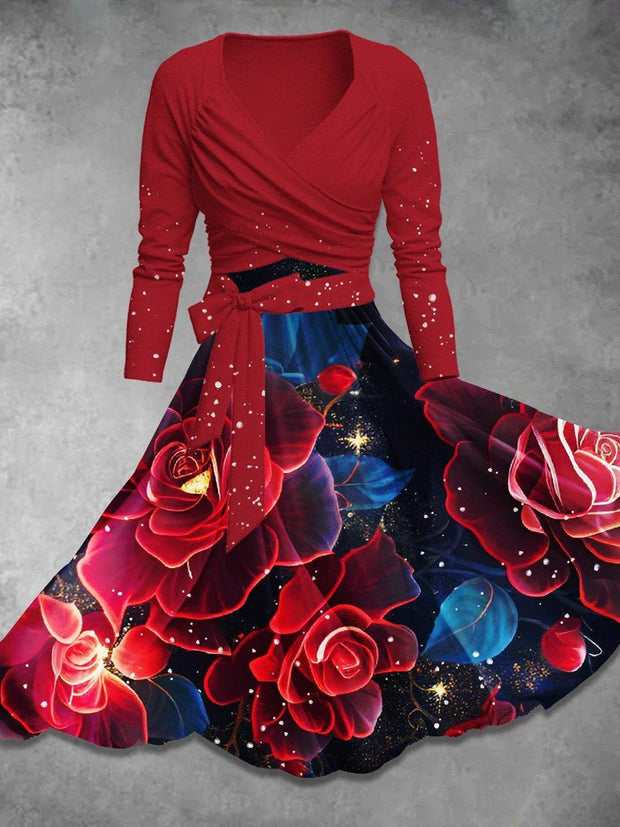 Retro Floral Art Printed Vintage Unique Slim Fit Cross Wrap Long Sleeve Two-Piece Midi Dress