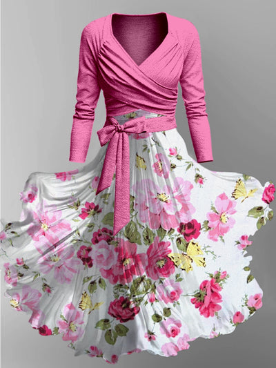 Retro Floral Art Printed Vintage Unique Slim Fit Cross Wrap Long Sleeve Two-Piece Midi Dress