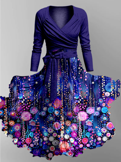 Retro Floral Art Printed Vintage Unique Slim Fit Cross Wrap Long Sleeve Two-Piece Midi Dress