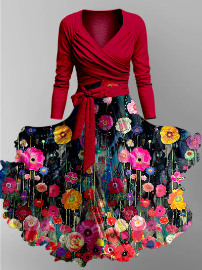 Retro Floral Art Printed Vintage Unique Slim Fit Cross Wrap Long Sleeve Two-Piece Midi Dress