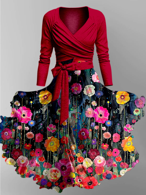 Retro Floral Art Printed Vintage Unique Slim Fit Cross Wrap Long Sleeve Two-Piece Midi Dress