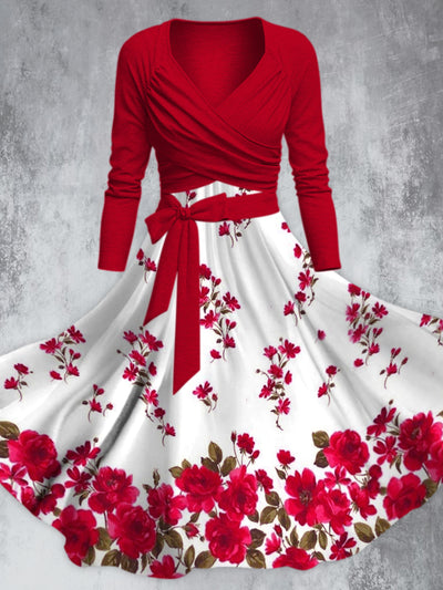 Retro Floral Art Printed Vintage Unique Slim Fit Cross Wrap Long Sleeve Two-Piece Midi Dress