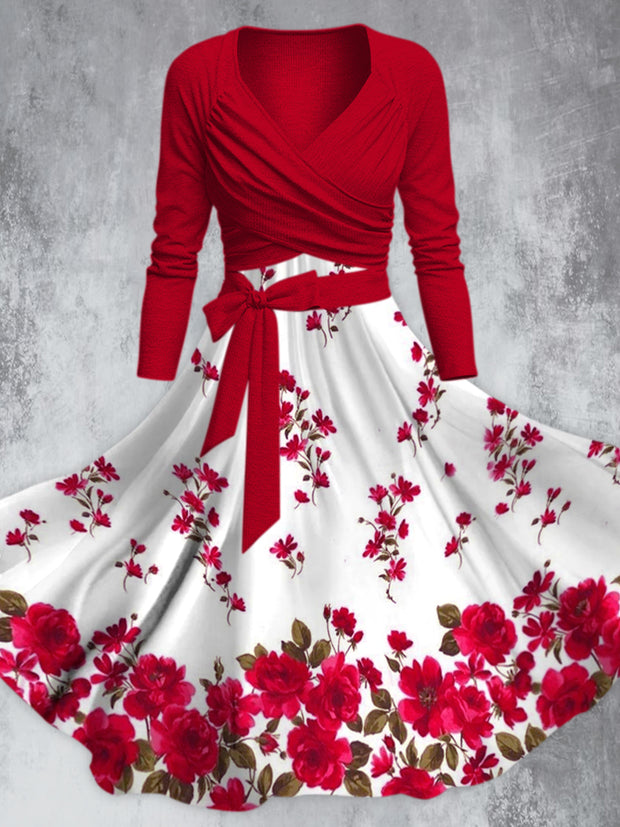 Retro Floral Art Printed Vintage Unique Slim Fit Cross Wrap Long Sleeve Two-Piece Midi Dress