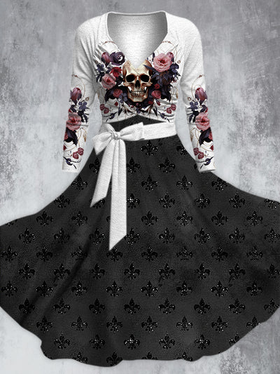 Retro Floral Art Printed Vintage Unique Slim Fit Cross Wrap Long Sleeve Two-Piece Midi Dress