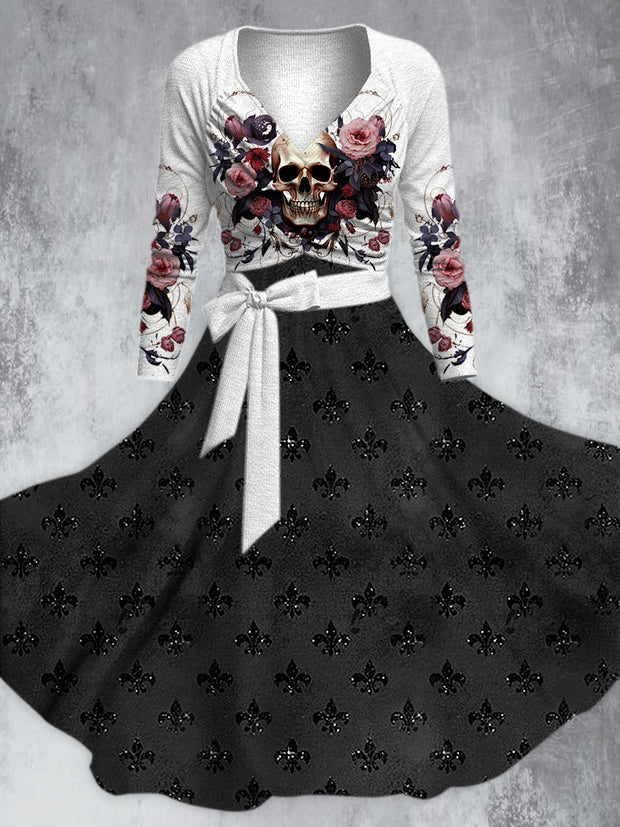 Retro Floral Art Printed Vintage Unique Slim Fit Cross Wrap Long Sleeve Two-Piece Midi Dress