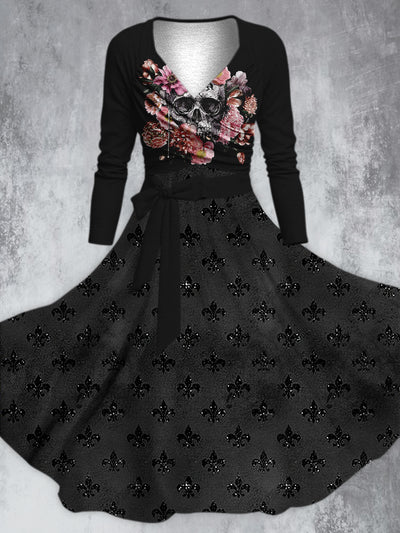 Retro Floral Art Printed Vintage Unique Slim Fit Cross Wrap Long Sleeve Two-Piece Midi Dress