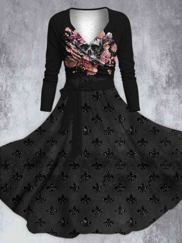 Retro Floral Art Printed Vintage Unique Slim Fit Cross Wrap Long Sleeve Two-Piece Midi Dress