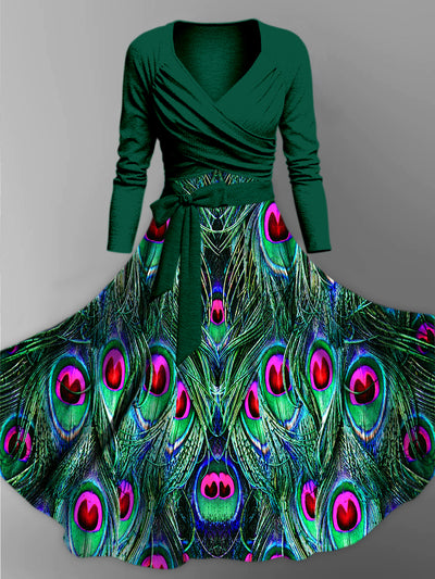 Retro Floral Art Printed Vintage Unique Slim Fit Cross Wrap Long Sleeve Two-Piece Midi Dress