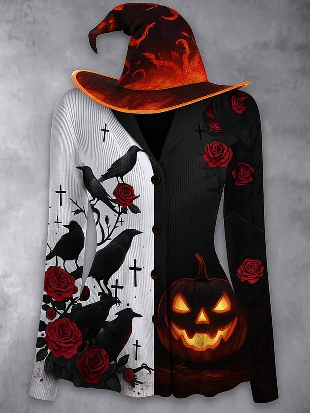 Gothic Crow Art Print Vintage Lapel V-Neck Long Sleeve Button up Cardigan Top