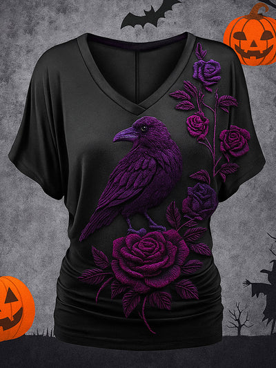 Retro Happy Halloween Floral Printed Vintage Lapel V-Neck Vintage Relaxed Loose Batwing Sleeve Top