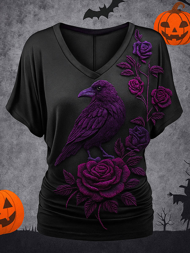Retro Happy Halloween Floral Printed Vintage Lapel V-Neck Vintage Relaxed Loose Batwing Sleeve Top