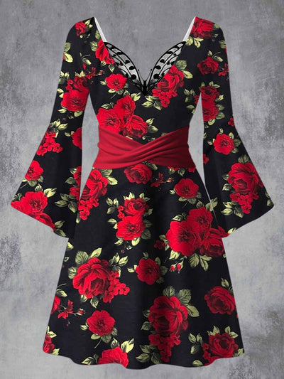 Retro Floral Art Printed Vintage Lace Butterfly Pleated Waist Long Sleeves Midi Dress