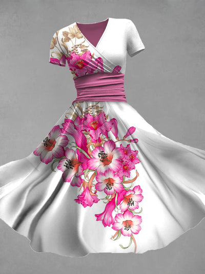 Retro Floral Art Printed Vintage V-Neck Pleated Waist Short Sleeve Midi Dress