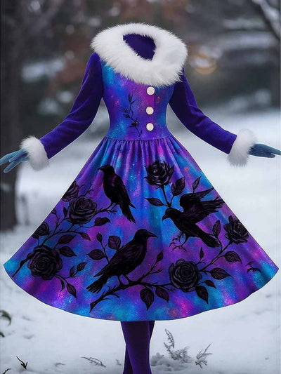 Gothic Raven Art Print Vintage Elegant Furry Fur Collar Long Sleeve Midi Dress