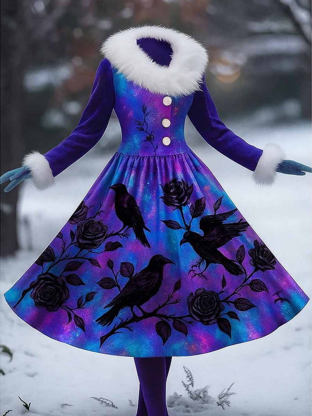 Gothic Raven Art Print Vintage Elegant Furry Fur Collar Long Sleeve Midi Dress