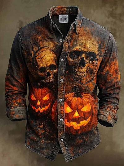 Retro Halloween Gothic Art Abstract Printed Cotton Vintage Casual Cotton Long Sleeve Shirt