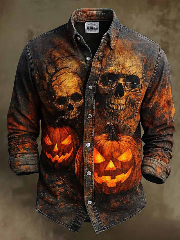 Retro Halloween Gothic Art Abstract Printed Cotton Vintage Casual Cotton Long Sleeve Shirt