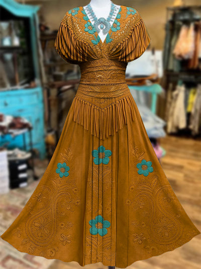 Retro Suede Fringes Floral Carved Art Printed Elegant V-Neck Vintage Batwing Short Sleeve Maxi Dress