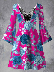 Retro Floral Art Printed Vintage Lace Butterfly Pleated Waist Long Sleeves Midi Dress