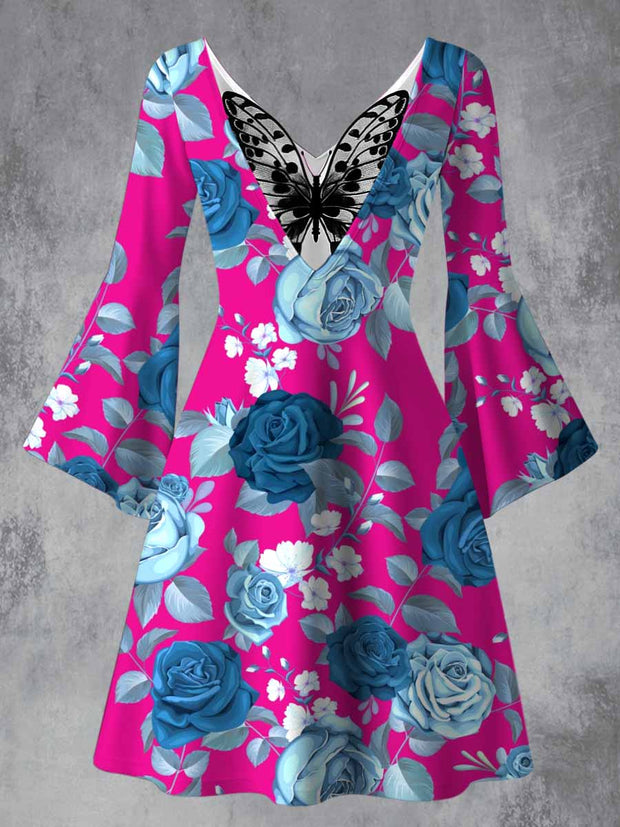 Retro Floral Art Printed Vintage Lace Butterfly Pleated Waist Long Sleeves Midi Dress