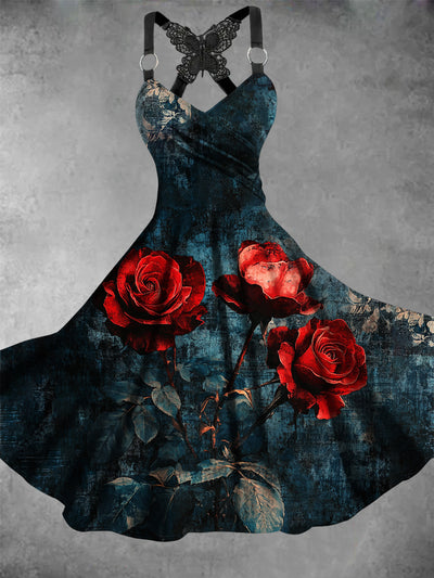 Retro Halloween Gothic Floral Art Printed Vintage V-Neck Pleated Butterfly Cross-Wrap Midi Dress