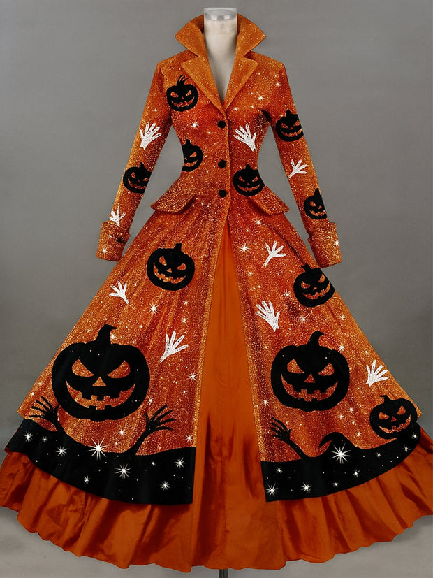 Halloween Pumpkin Art Print Lapel Button Up Double Layer Long Sleeve Vintage Maxi Dress