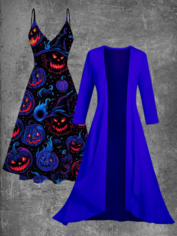 Gothic Pumpkin Art Print Vintage Camisole Dress Long Sleeve Two-Piece Midi Dress