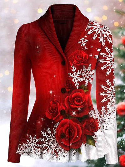 Christmas Floral Art Printed Vintage Lapel V-Neck Long-Sleeved Button-up Cardigan Top