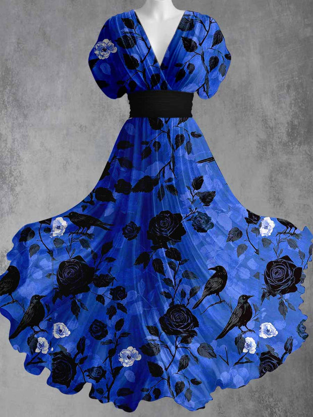 Gothic Crow Art Print V-Neck Vintage Elegant Short Sleeve Maxi Dress