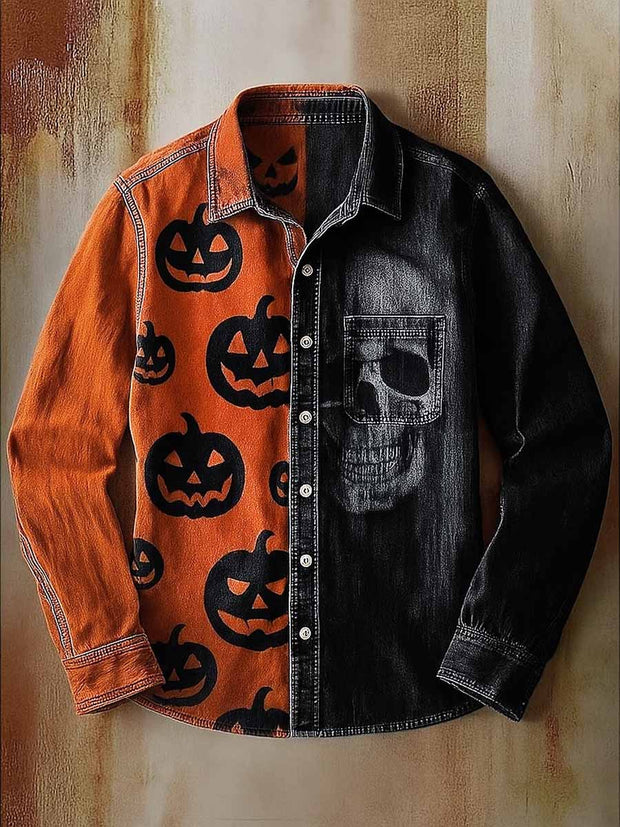 Retro Skull Gothic Art Abstract Printed Cotton Vintage Casual Cotton Long Sleeve Shirt