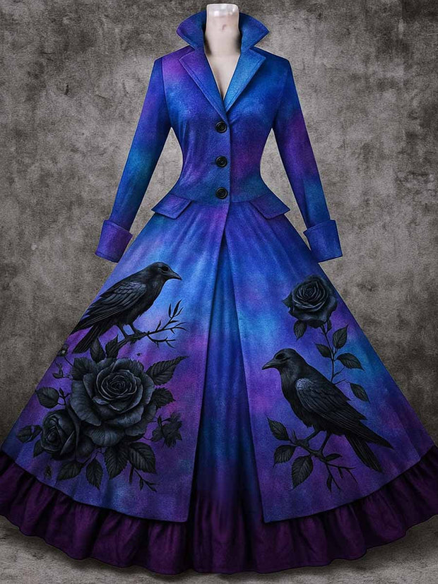 Gothic Raven Art Print Vintage Lapel Button Up Double Hem Long Sleeve Maxi Dress