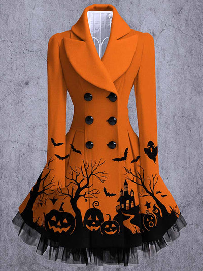 Gothic Pumpkin Art Print Vintage Elegant Lapel V-Neck Button Up Long Sleeve Coat Dress