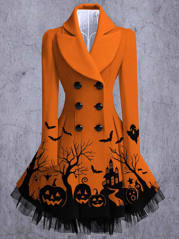 Gothic Pumpkin Art Print Vintage Elegant Lapel V-Neck Button Up Long Sleeve Coat Dress