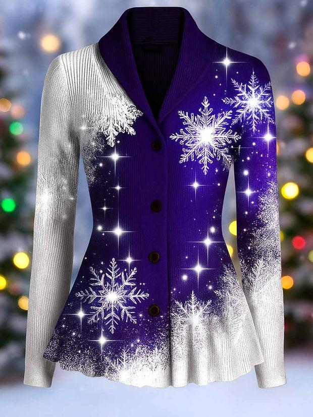 Christmas Art Printed Vintage Lapel V-Neck Long-Sleeved Button-up Cardigan Top