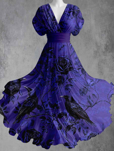 Gothic Crow Art Print V-Neck Vintage Elegant Short Sleeve Maxi Dress