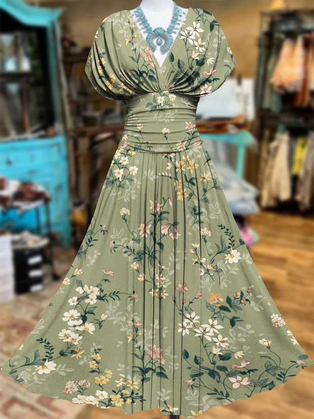 Retro Floral Art Printed Elegant V-Neck Vintage Batwing Short Sleeve Maxi Dress