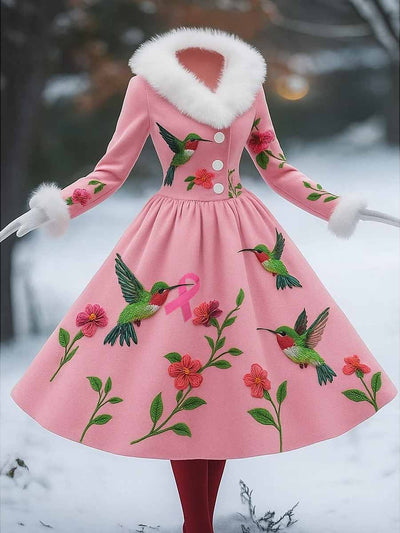 Pink Floral  Hummingbird Art Printed Vintage Elegant Furry Fur Collar Long Sleeve Midi Dress