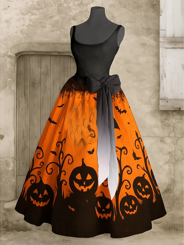 Retro Gothic Floral Art Print V-Neck Sleeveless Cotton Maxi Dress