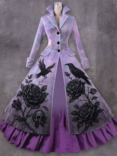 Gothic Raven Art Print Vintage Lapel Button Up Double Hem Long Sleeve Maxi Dress