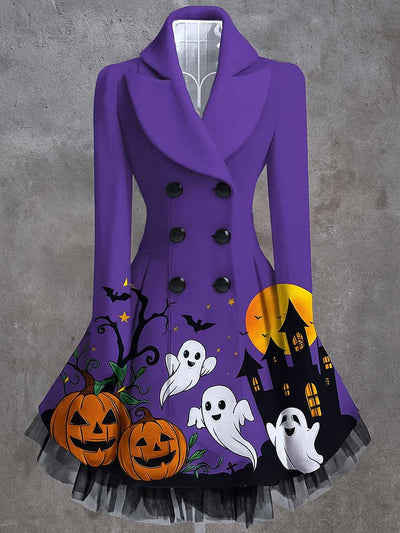 Gothic Pumpkin Art Print Vintage Elegant Lapel V-Neck Button Up Long Sleeve Coat Dress