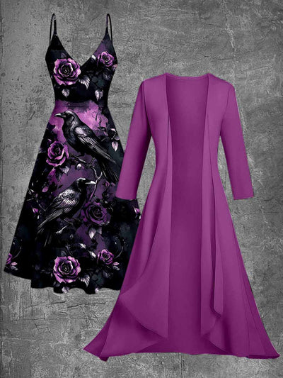 Gothic Crow Art Print Vintage Camisole Dress Long Sleeve Two-Piece Midi Dress