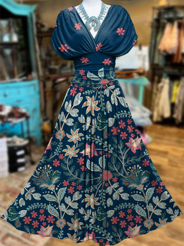 Retro Floral Art Printed Elegant V-Neck Vintage Batwing Short Sleeve Maxi Dress