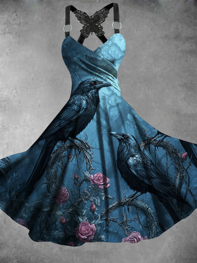 Retro Halloween Gothic Floral Art Printed Vintage V-Neck Pleated Butterfly Cross-Wrap Midi Dress