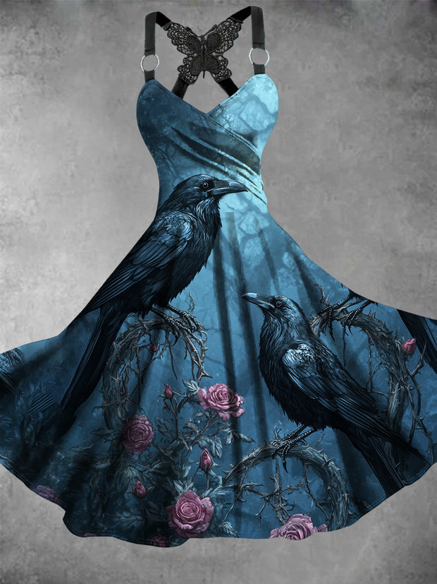 Retro Halloween Gothic Floral Art Printed Vintage V-Neck Pleated Butterfly Cross-Wrap Midi Dress