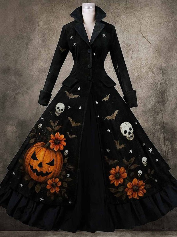 Retro Gothic Floral Art Printed Vintage Lapel V-Neck Button Up Double Hem Long-Sleeved Midi Dress