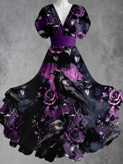 Gothic Crow Art Print V-Neck Vintage Elegant Short Sleeve Maxi Dress