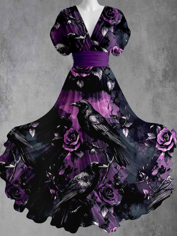 Gothic Crow Art Print V-Neck Vintage Elegant Short Sleeve Maxi Dress